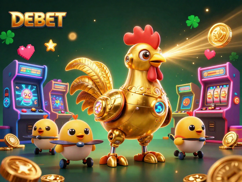 Experience the excitement of DEBET with a golden rooster robot and arcade games.
