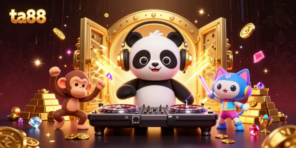 Experience the excitement of ta88 with a DJ panda and vibrant characters in a gold and jewel-filled casino.