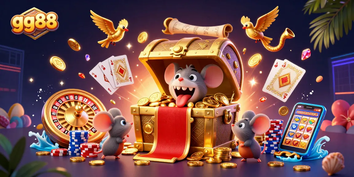 Engaging scene illustrating gg88 with a vibrant casino atmosphere of treasures, games, and excitement.