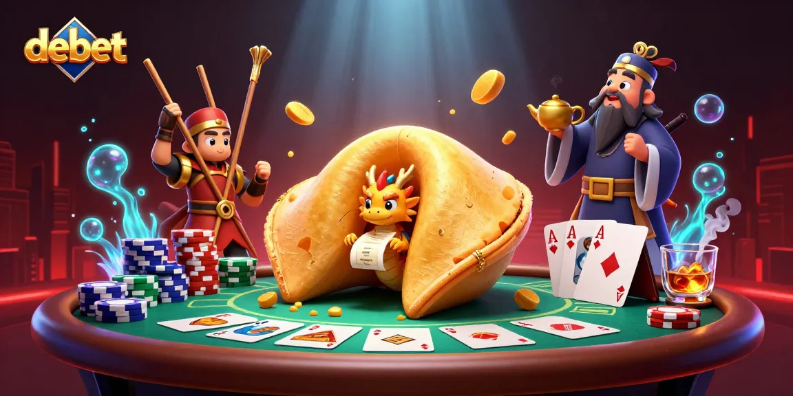 Play poker with debet's giant fortune cookie and wise dragon in a vibrant casino scene.