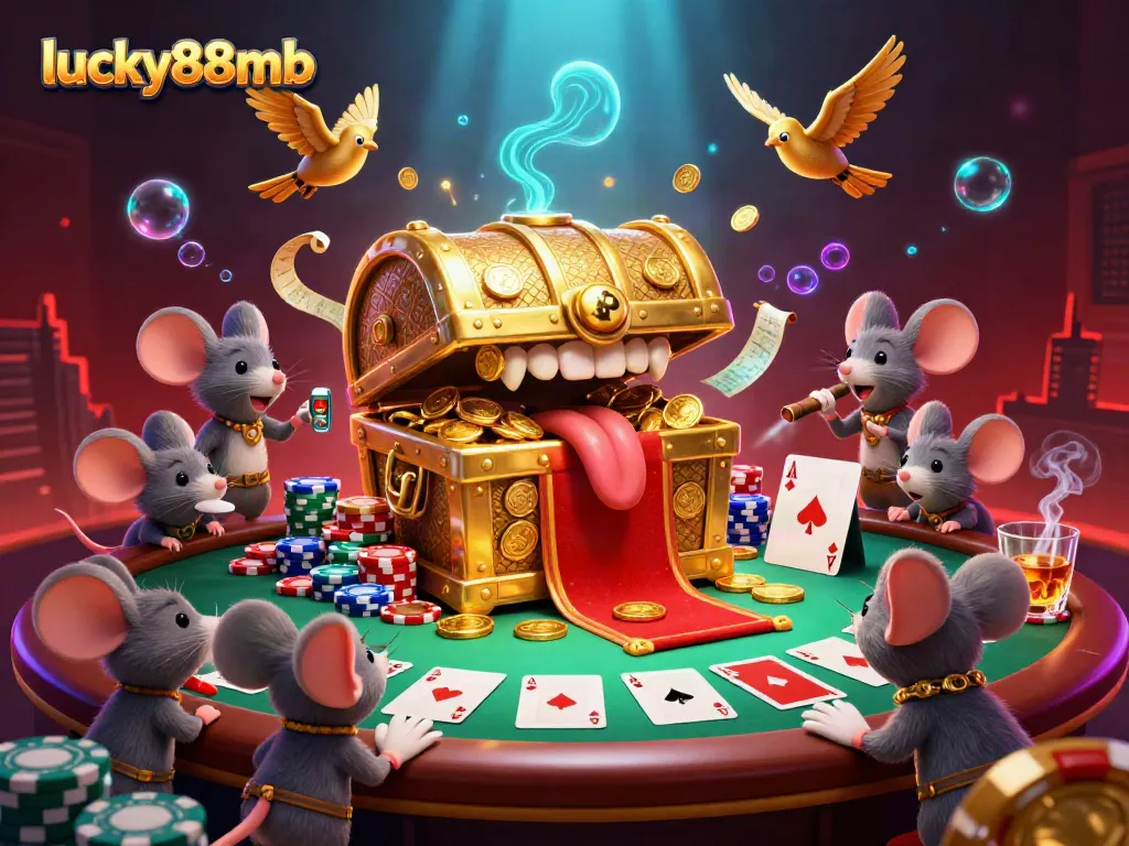 Experience the excitement at lucky88mb with a dynamic 3D casino scene filled with treasure and games.