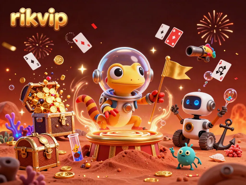 Experience the dynamic action of rikvip with a Martian gecko uncovering treasures in a golden casino adventure.