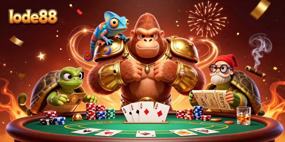 Experience thrilling lode88 gaming with a powerful gorilla, chameleon, and tortoise in an electrifying casino scene.