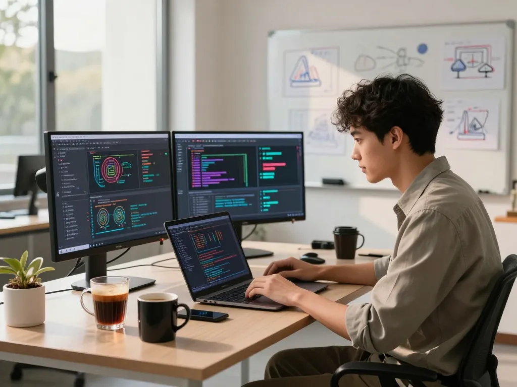 Engaged AI developer using spicy AI tools in a modern workspace.