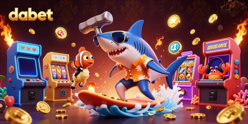 Dabet casino illustration featuring a shark surfing on gold coins, clownfish, and crab DJ embodying vibrant gaming energy.