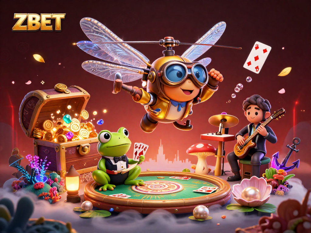 ZBET showcases a vibrant casino scene with a dragonfly pilot and a frog dealer amidst gold coins and glowing treasures.