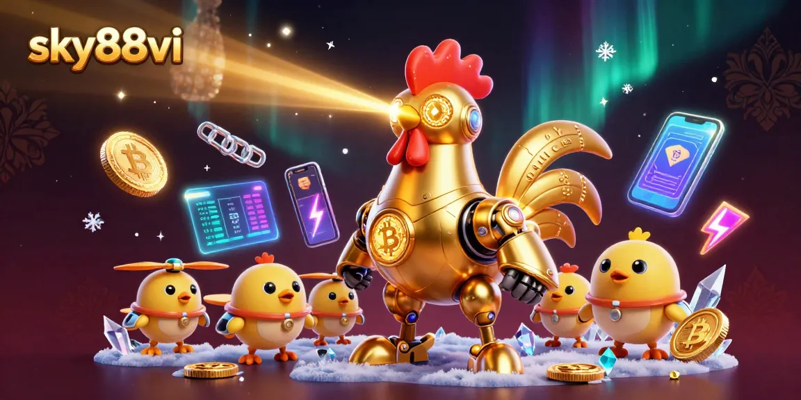 Experience excitement at sky88vi with a vibrant 3D robot scene infused with cryptocurrency elements.