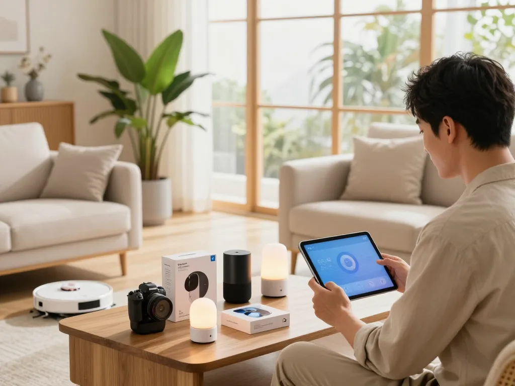 Tech gadgets for home integrated in a cozy living room with smart devices and natural lighting.
