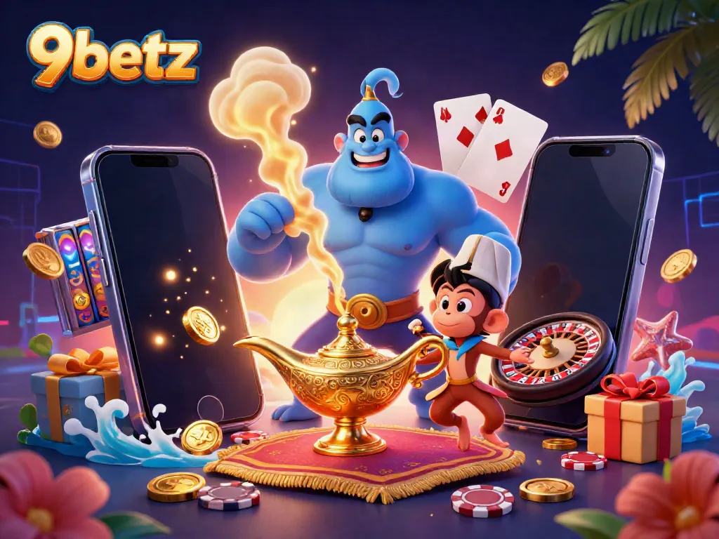 Experience thrilling gaming at 9betz with a colorful Casino-themed illustration featuring vibrant elements.