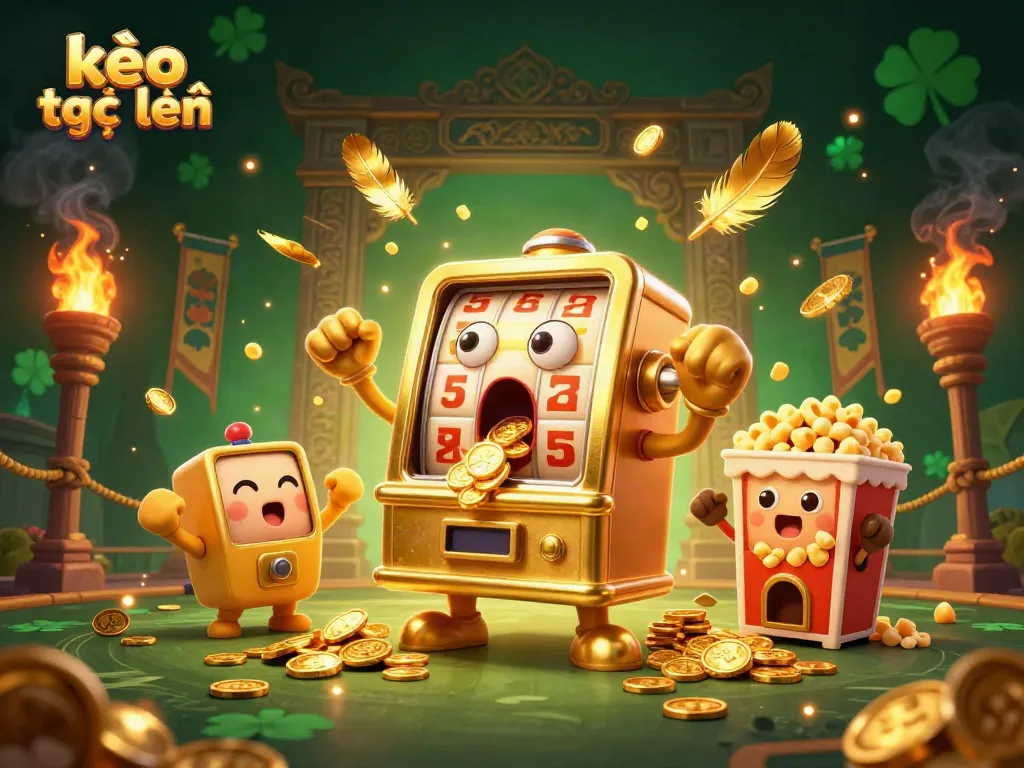 Experience the thrill of kèo trực tuyến with a dazzling golden slot machine amidst a vibrant casino scene.