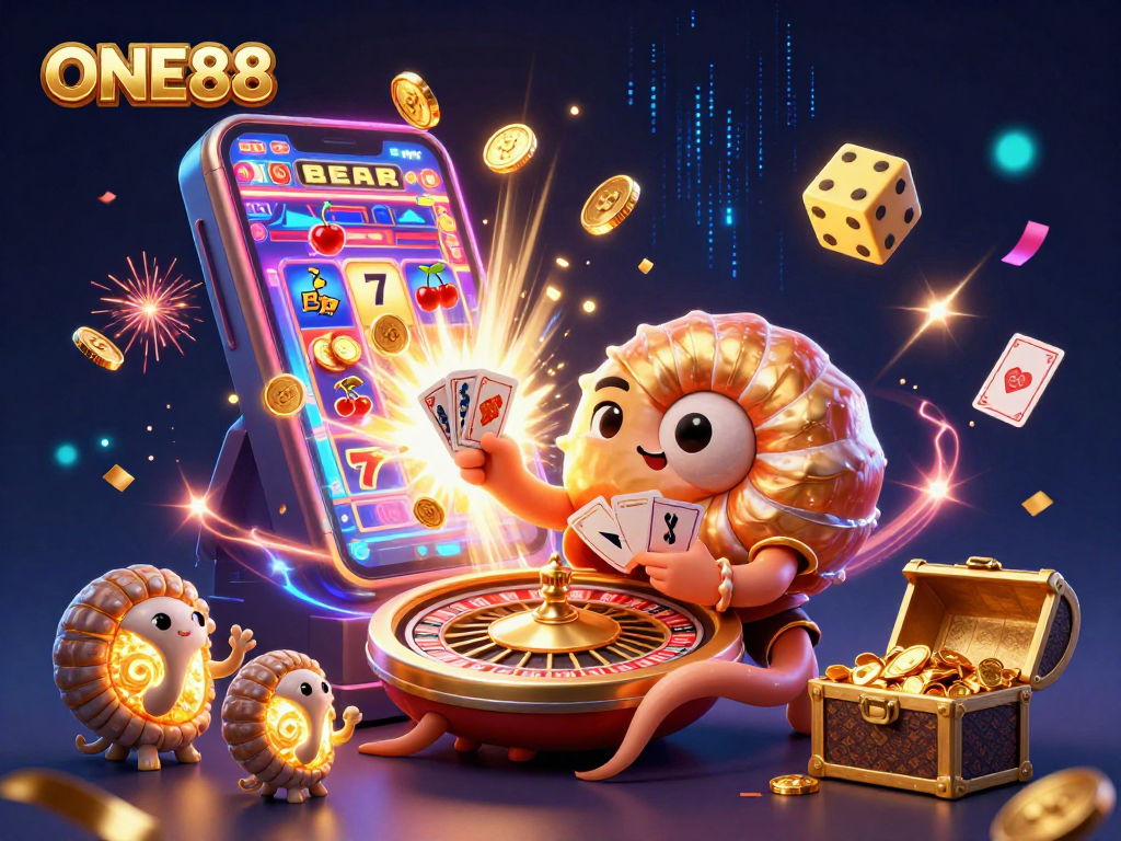Engage with thrilling ONE88 casino action featuring a vibrant 3D scene with mythical nautilus and glimmering jackpot.