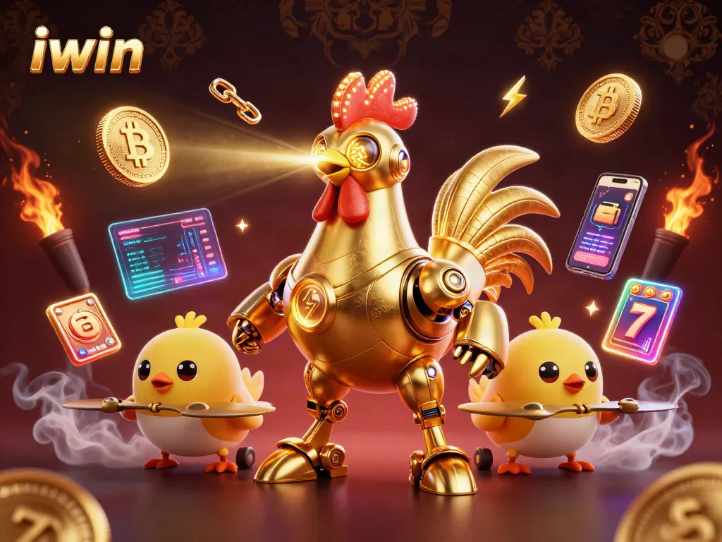 Engage with iwin's exciting slots featuring golden rooster robot characters, vibrant coins, and jackpot elements.