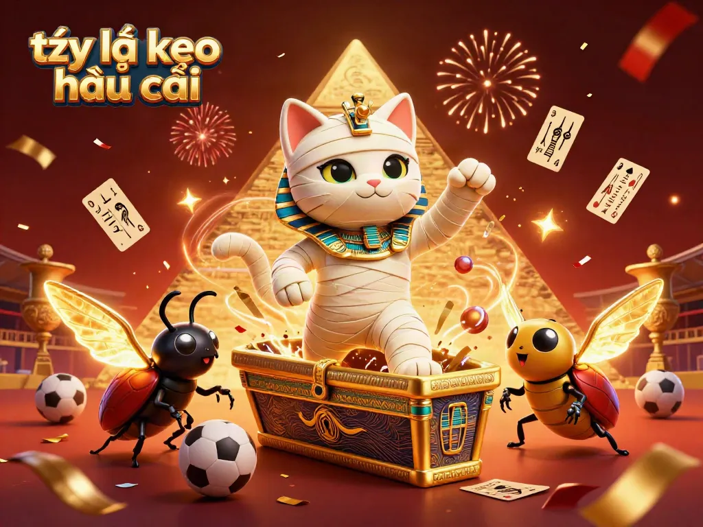 Engaging scene showcasing tỷ lệ kèo nhà cái featuring a cartoon Egyptian mummy cat, a scarab beetle, and sports betting elements.