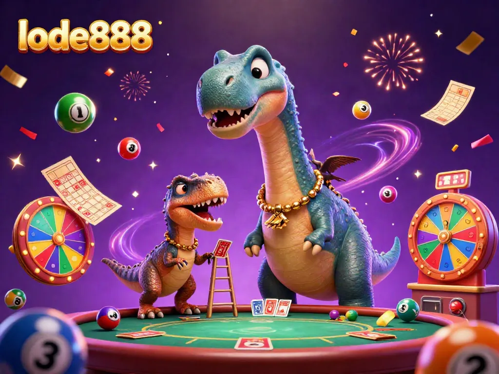 Experience thrilling gaming action with lode888 as a giant brontosaurus oversees a lively poker scene.