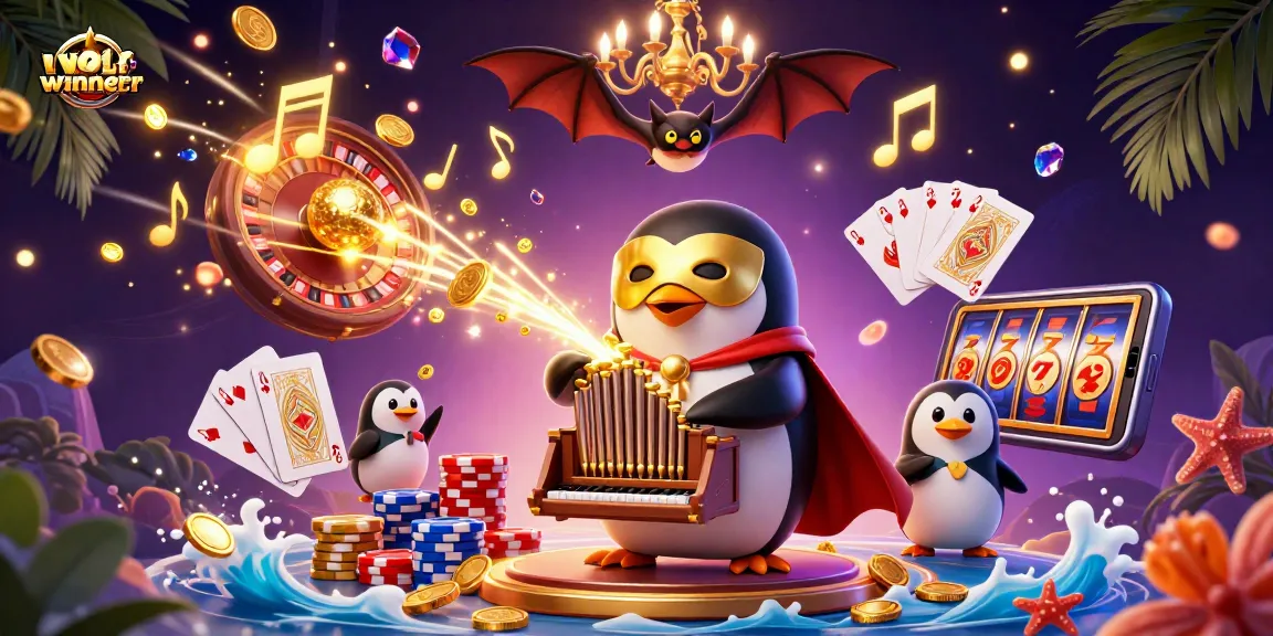 Experience thrilling wins at wolfwinner with a vibrant scene of an opera penguin and casino elements.