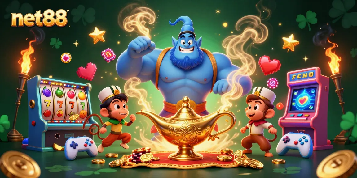Play and win at net88 with a cartoon genie, poker chips, and vibrant casino elements.