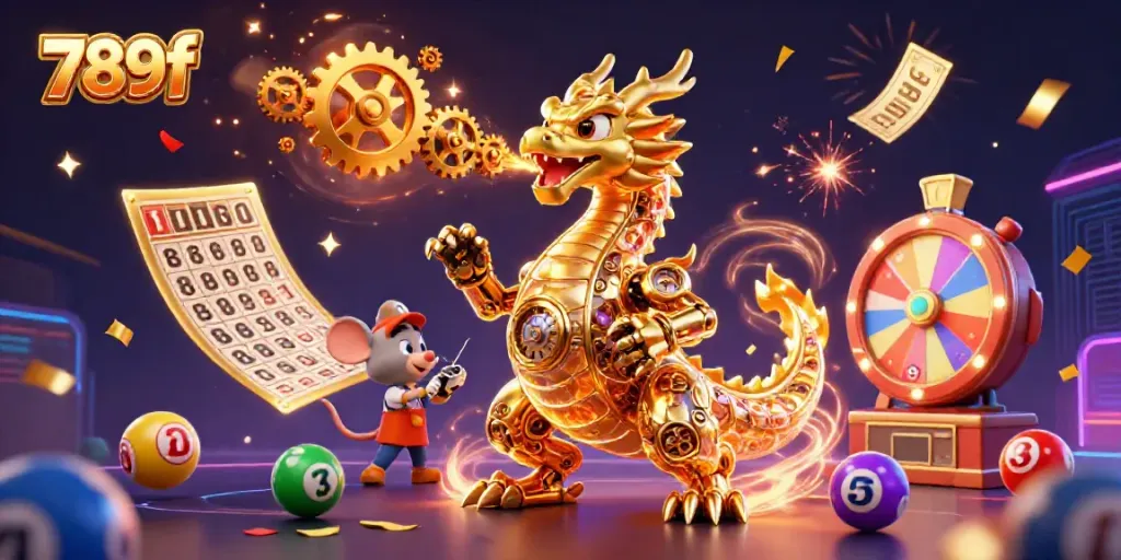 Experience thrilling entertainment with 789f, featuring vibrant lottery elements and a golden dragon illustration.