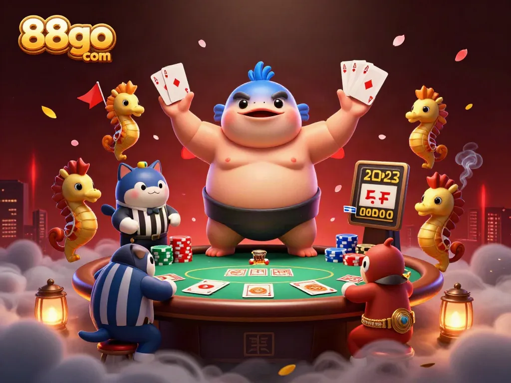 Engage in thrilling action at 88go com with a dynamic underwater casino scene featuring a fugu, catfish referee, and poker elements.