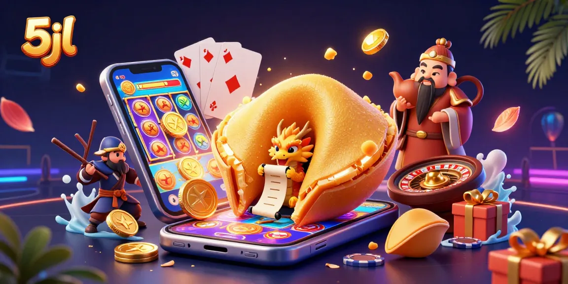 Experience the thrill of 5jl with golden coins erupting from a smartphone in a vibrant casino scene.