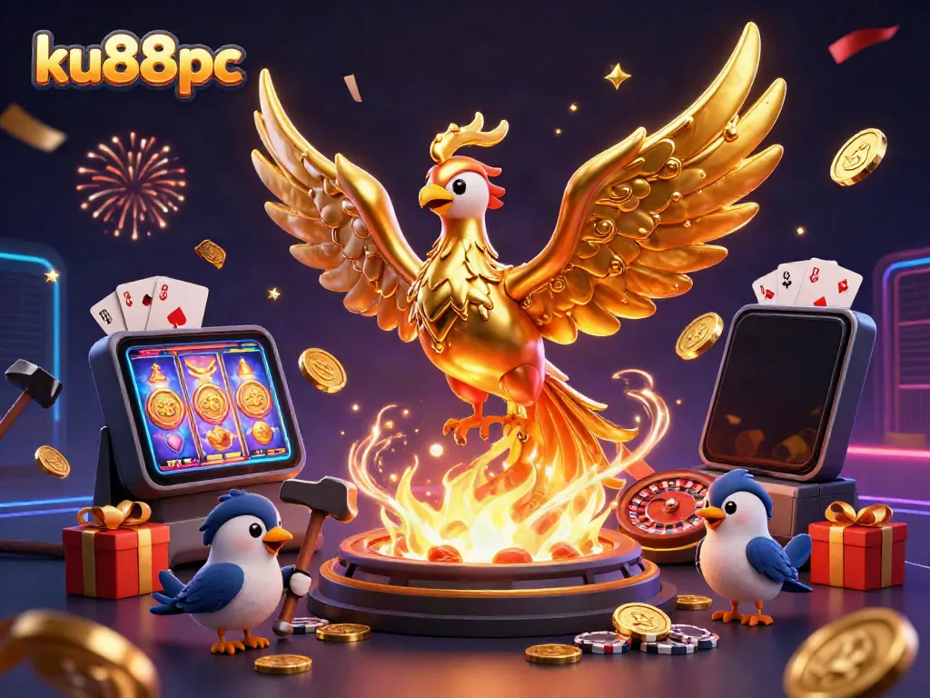 Engage with ku88pc's vibrant casino scene featuring a molten phoenix and dynamic gaming elements.
