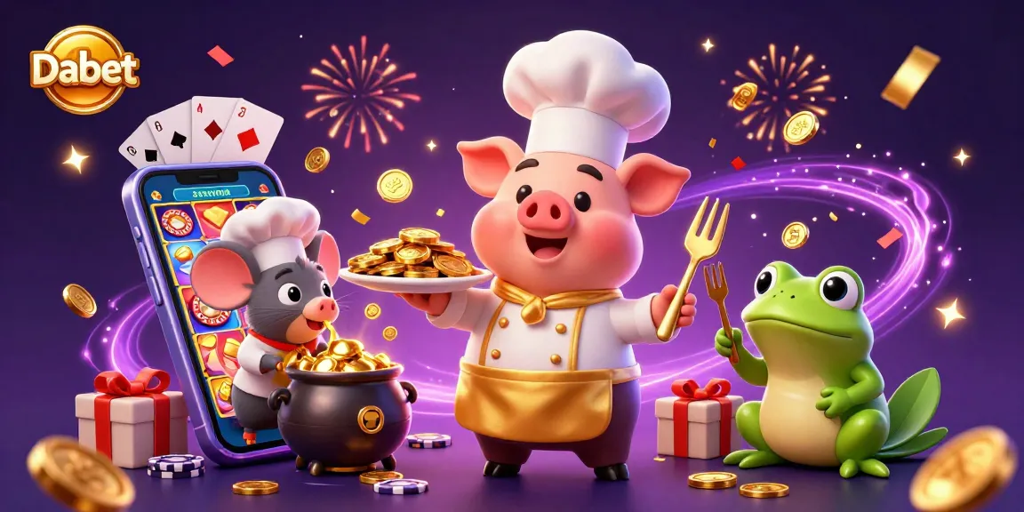 Dabet lets gamblers win with an exciting scene featuring chefs serving golden coins and vibrant gaming elements.