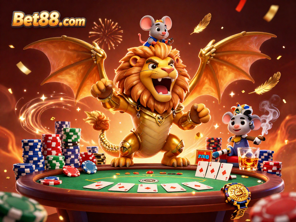 Experience thrilling gaming at Bet88. com with a golden chimera and poker excitement.
