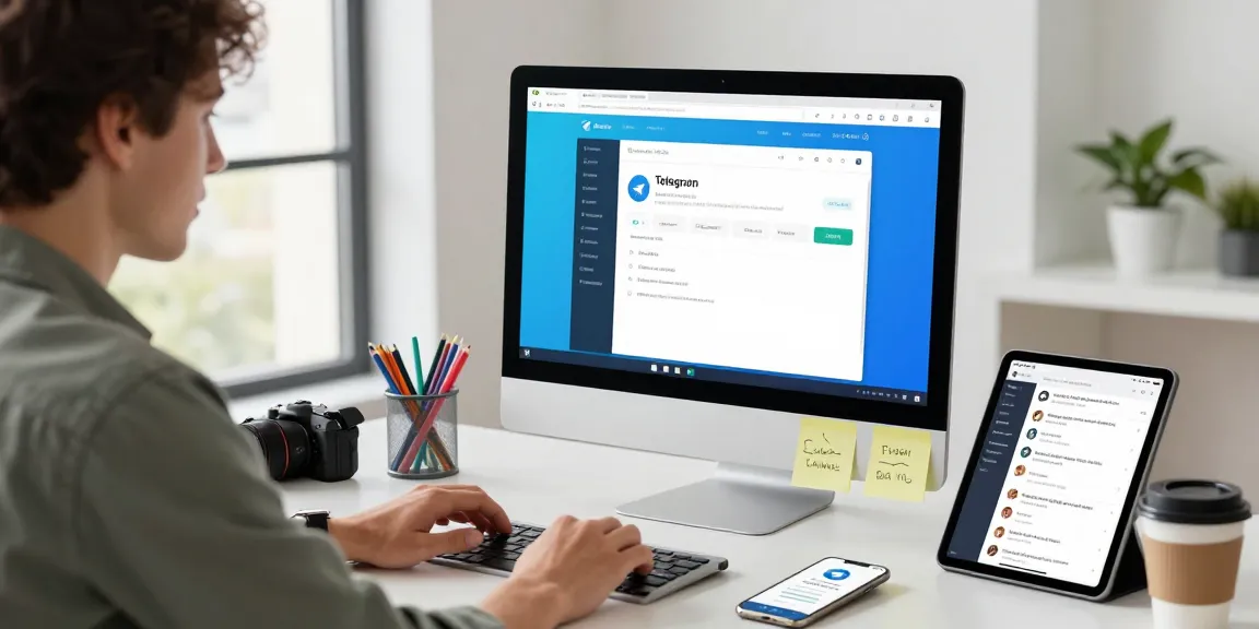 Using the Telegram web version on a modern workspace with a young professional focused on communication.