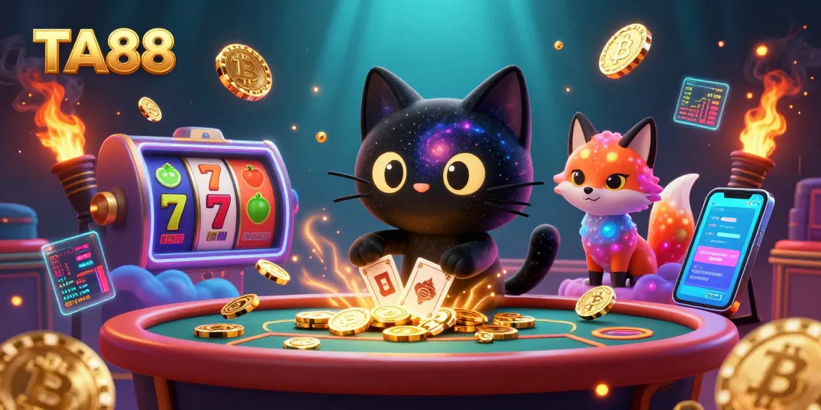TA88 cat pulls in golden chips at a cosmic casino, featuring vibrant slot game elements.
