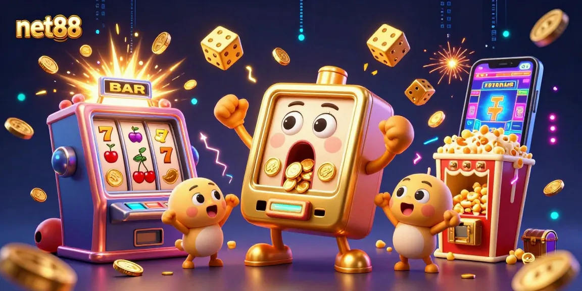 net88 jackpot celebration with vibrant slot machines and gold coins bursting joyfully