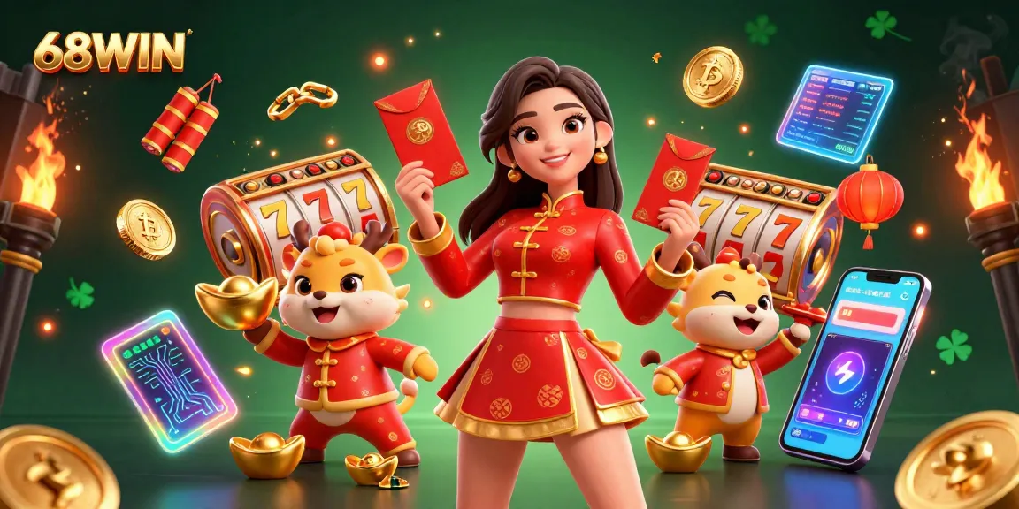 Experience winning on 68WIN with festive symbols, slot elements, and vibrant casino atmosphere.